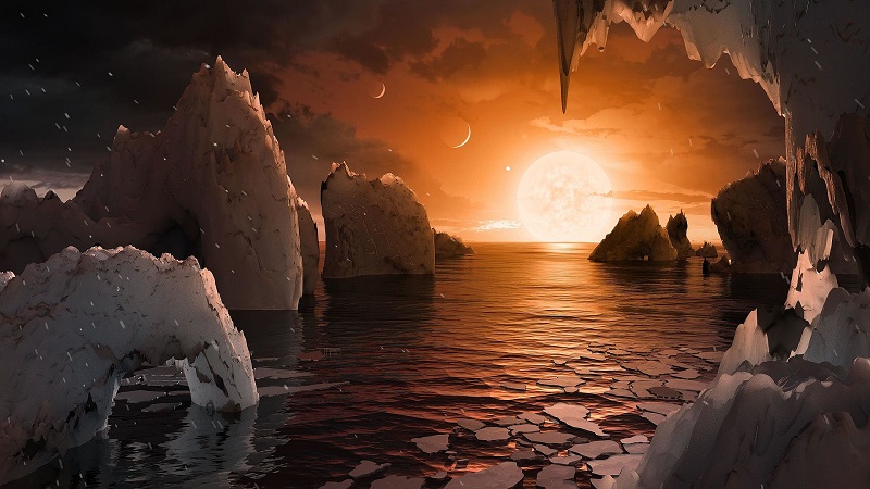 Вид с поверхности планеты TRAPPIST-1 f в представлении художника